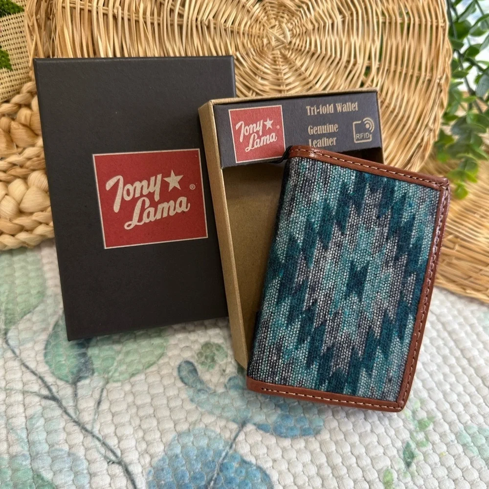 New Tony Lama Tri-Fold Wallet RFID Blue Aztec Canvas Leather Cowboy Western